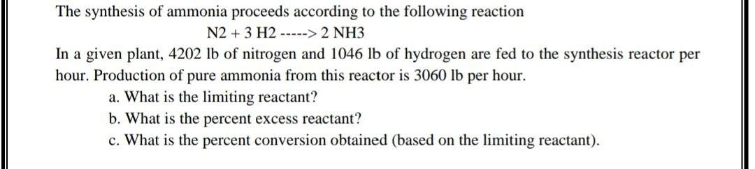 Solved The synthesis of ammonia proceeds according to the | Chegg.com