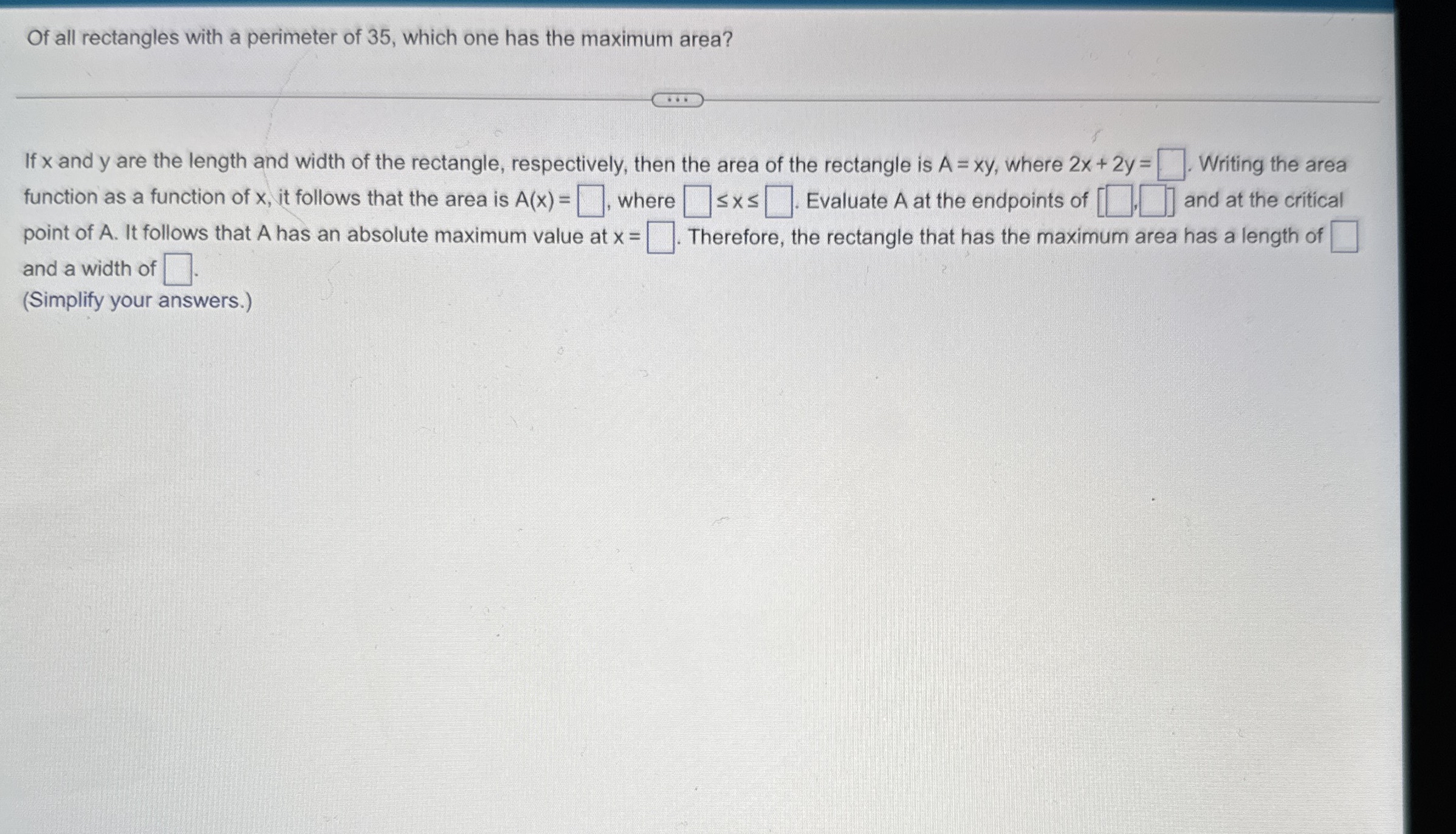 Solved Of all rectangles with a perimeter of 35 , ﻿which one | Chegg.com