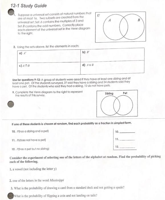 Solved U 12-1 Study Guide Suppose a universal set consists | Chegg.com