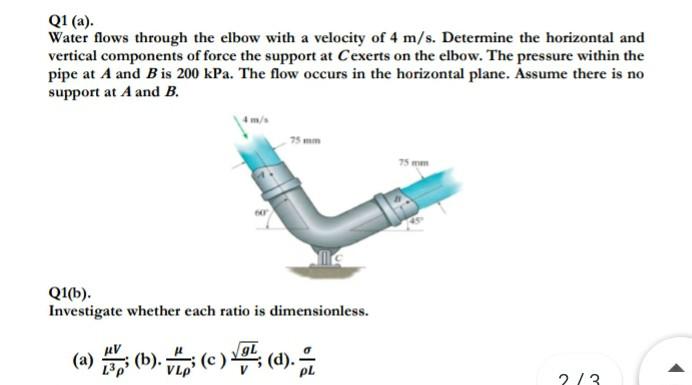 Solved Q1 (a). Water flows through the elbow with a velocity | Chegg.com