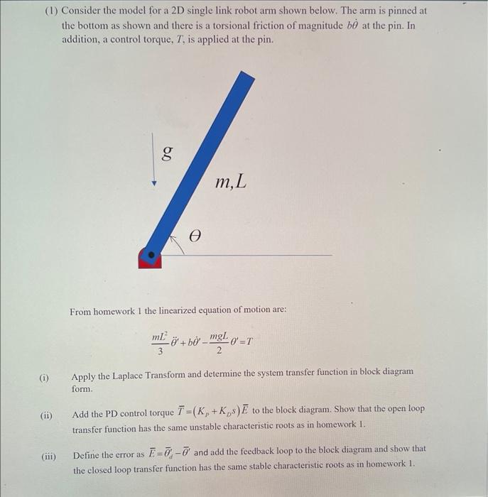 (1) Consider the model for a 2D single link robot arm | Chegg.com