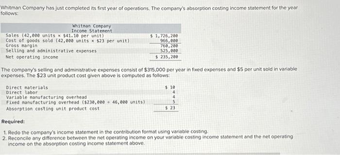 Solved Whitman Company has just completed its first year of | Chegg.com