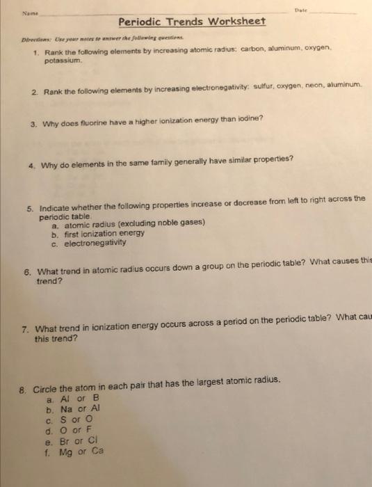 Name Periodic Trends Worksheet Dr Chen