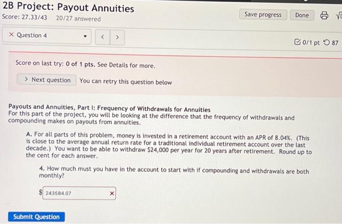 Solved 2B Project: Payout Annuities Score: 27.33/43 20/27 | Chegg.com