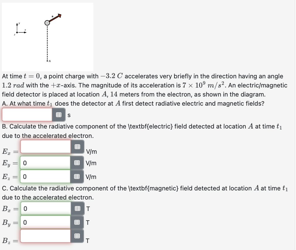 Solved At time t=0, ﻿a point charge with -3.2C ﻿accelerates 