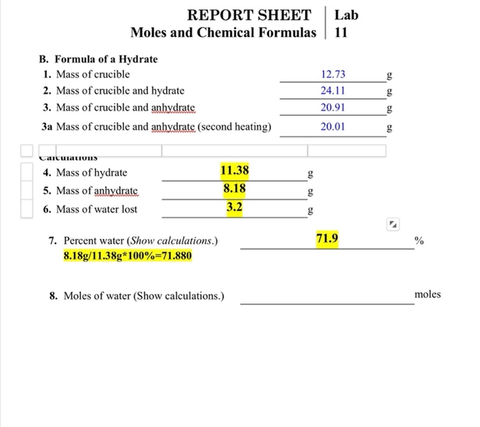 Solved Report Sheet Lab Moles And Chemical Formulas 11 G Chegg Com