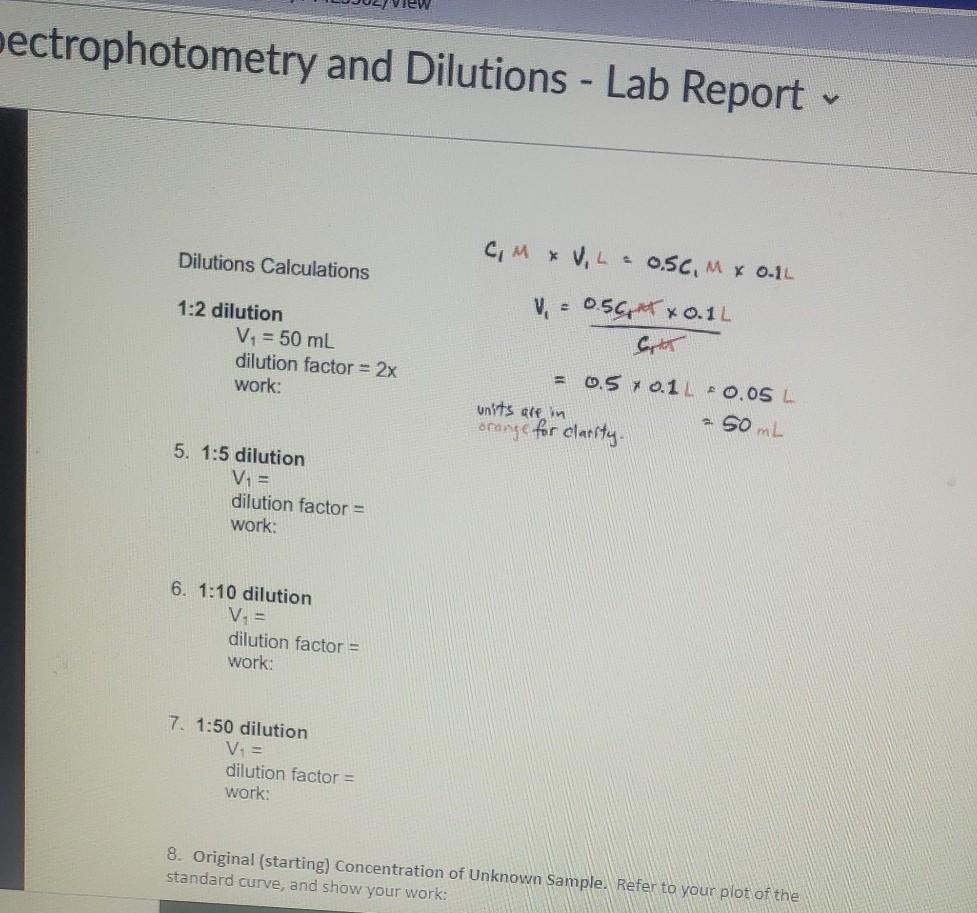 Solved pectrophotometry and Dilutions Lab Report Dilutions