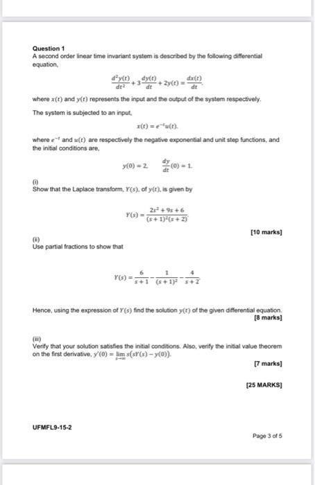 Solved dt Question 1 A second order linear time invariant | Chegg.com