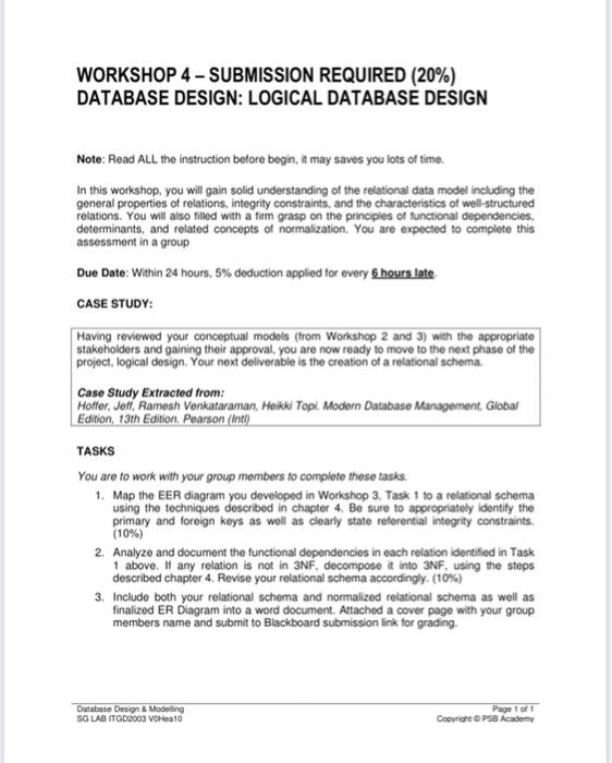 Solved WORKSHOP 4 - SUBMISSION REQUIRED (20%) DATABASE | Chegg.com