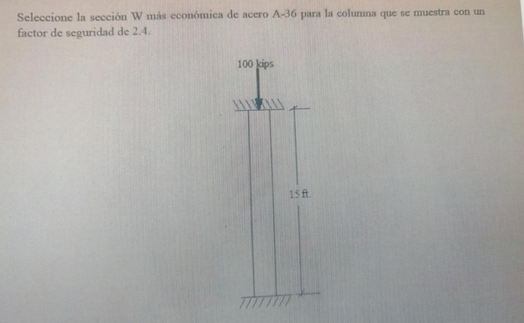 Seleccione la sección W más económica de acero A-36 para la columna que se muestra con un factor de seguridad de 2.4. 100 kip