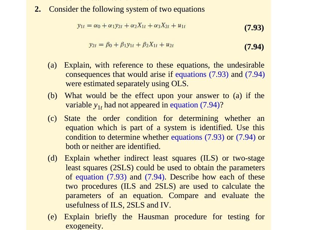 Solved 2. Consider the following system of two equations yıt | Chegg.com
