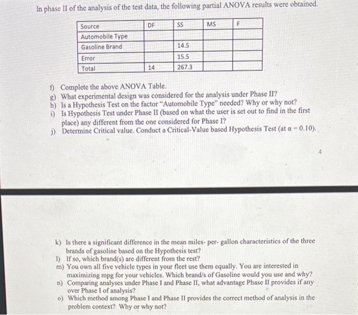 In phase II of the analysis of the test data, the following partial ANOVA results were obtained.
f) Complete the above ANOVA 