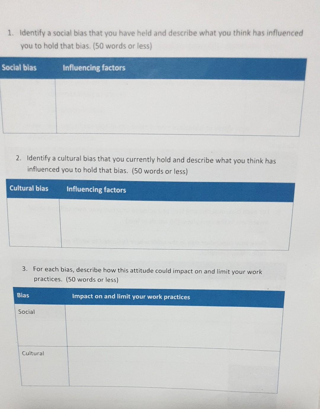 1. Identify a social bias that you have held and describe what you think has influenced you to hold that bias. (50 words or l