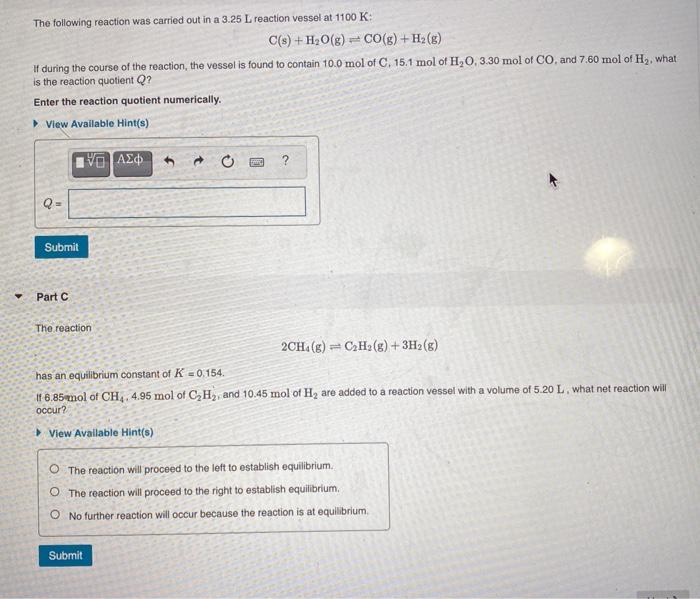 Solved The following reaction was carried out in a 3.25 L | Chegg.com