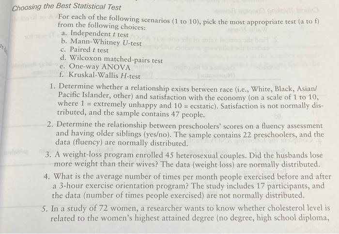 Solved Choosing the Best Statistical Test For each of the | Chegg.com