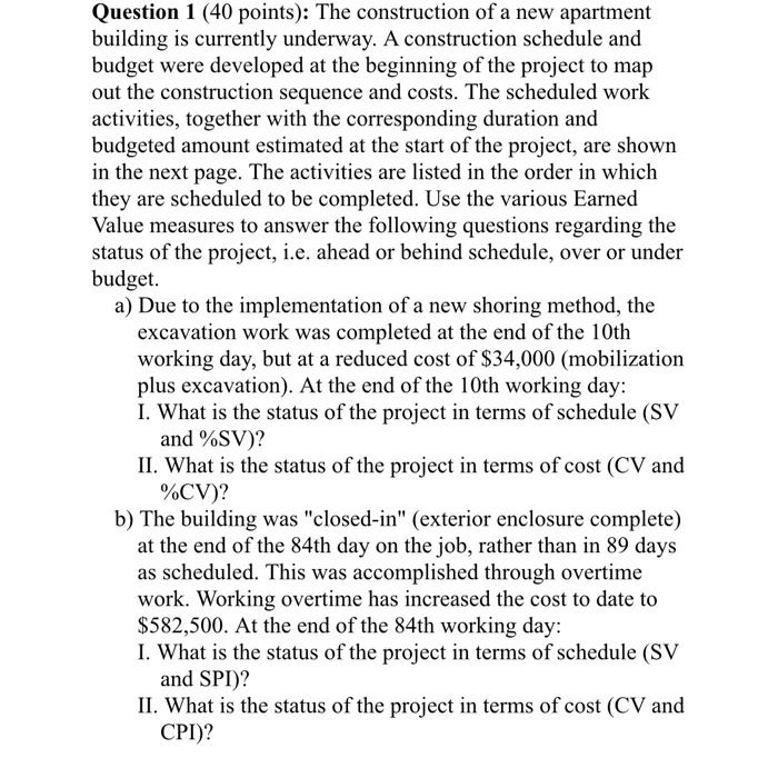 Solved Question 1 (40 points): The construction of a new | Chegg.com