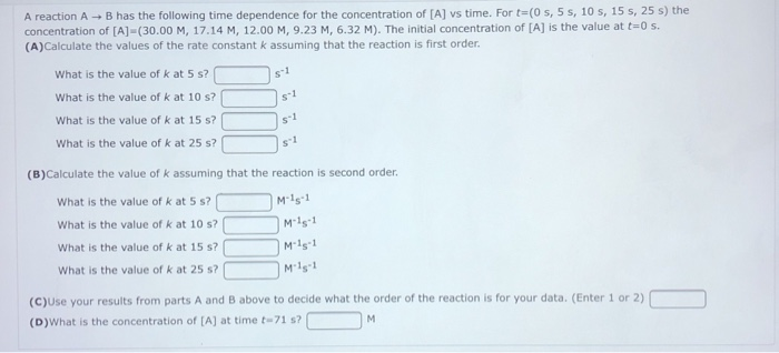 Solved A reaction A + B has the following time dependence | Chegg.com