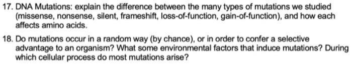 Solved 17. DNA Mutations: explain the difference between the | Chegg.com