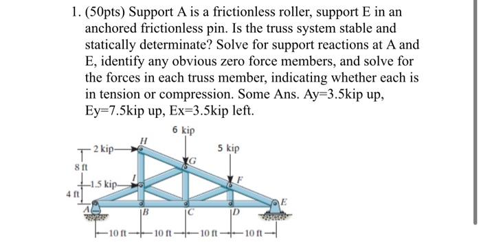 Solved 1. (50pts) Support A is a frictionless roller, | Chegg.com