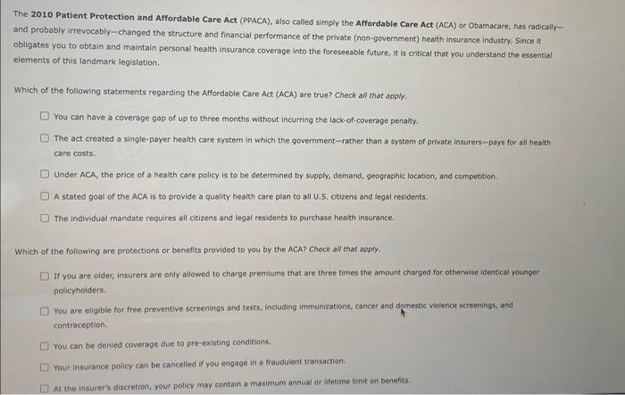 Solved The 2010 Patient Protection and Affordable Care Act | Chegg.com