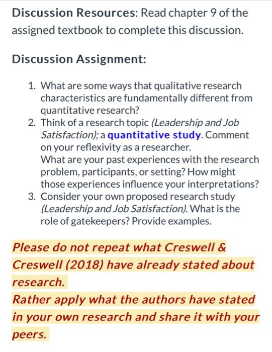 Solved Discussion Resources: Read chapter 9 of the assigned | Chegg.com