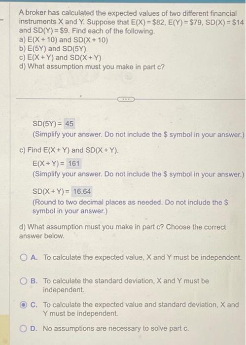 Solved A Broker Has Calculated The Expected Values Of Two | Chegg.com