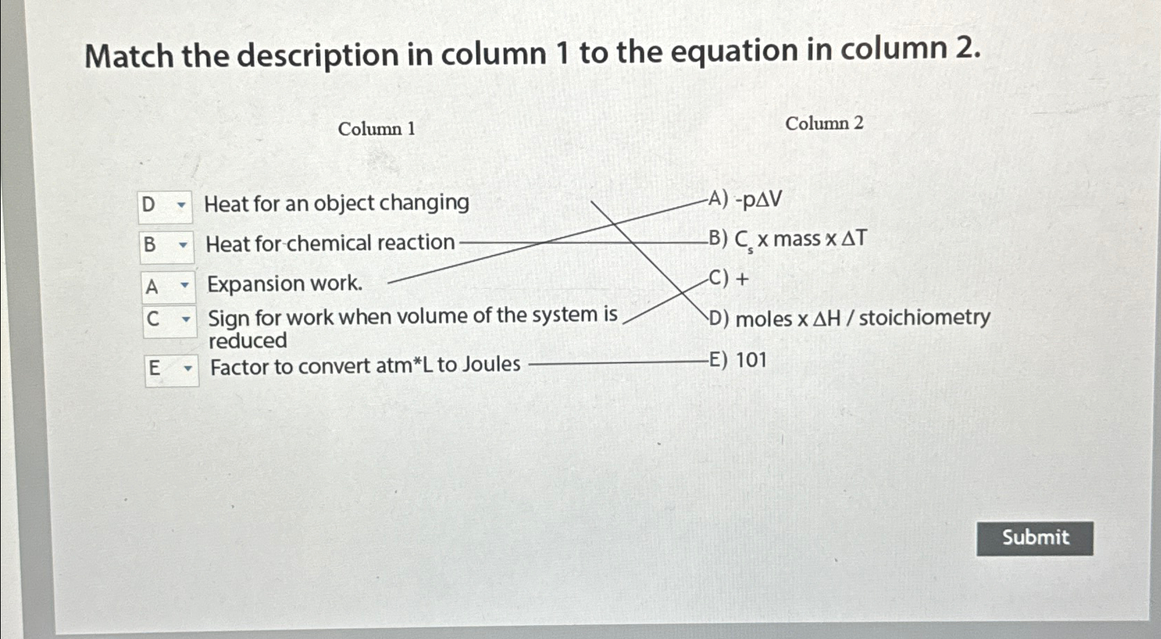 Solved Match the description in column 1 ﻿to the equation in | Chegg.com