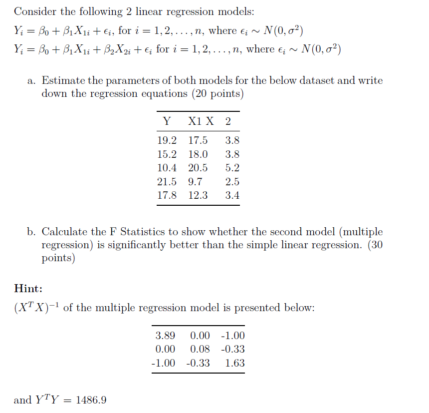 Solved Consider the following 2 linear regression models: Y; | Chegg.com
