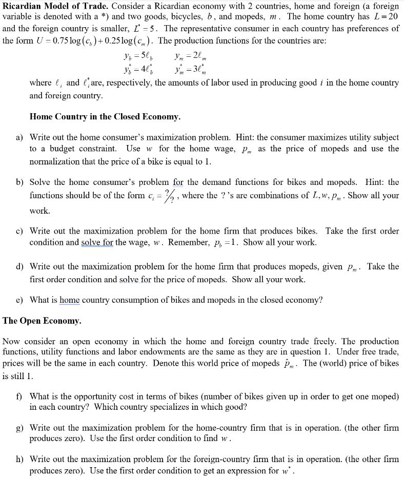 Solved Ricardian Model of ﻿Trade. Consider a Ricardian | Chegg.com