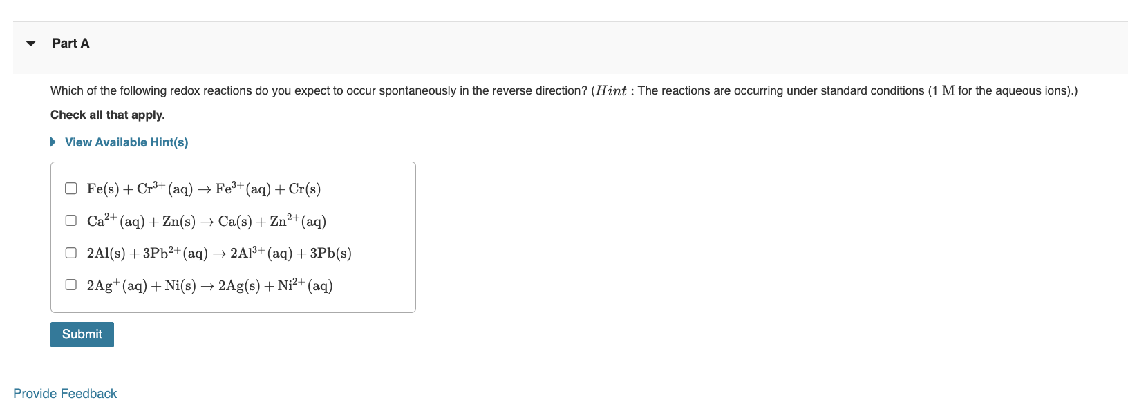 Solved Part AWhich of the following redox reactions do you | Chegg.com
