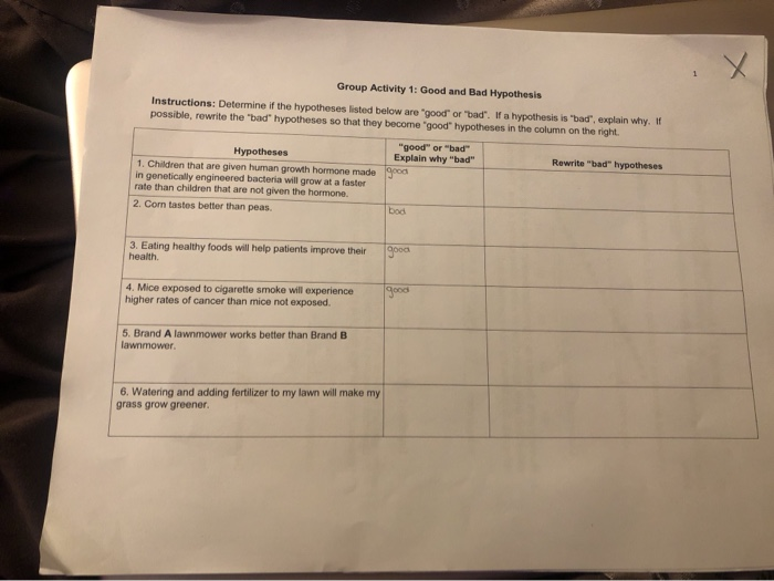 Group Activity 1 Good and Bad Hypothesis