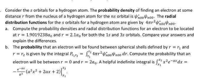 Solved Consider the s orbitals for a hydrogen atom. The | Chegg.com
