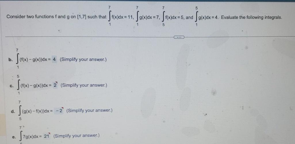 Solved Consider two functions f and g on [1,7] such that | Chegg.com