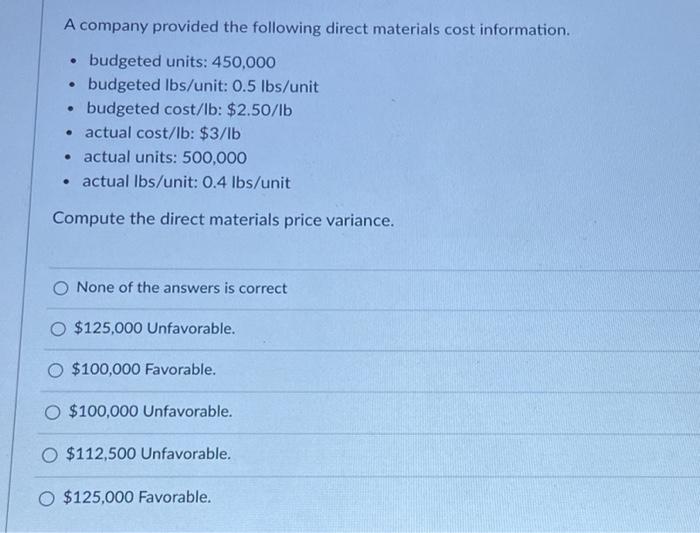 Solved A company provided the following direct materials | Chegg.com