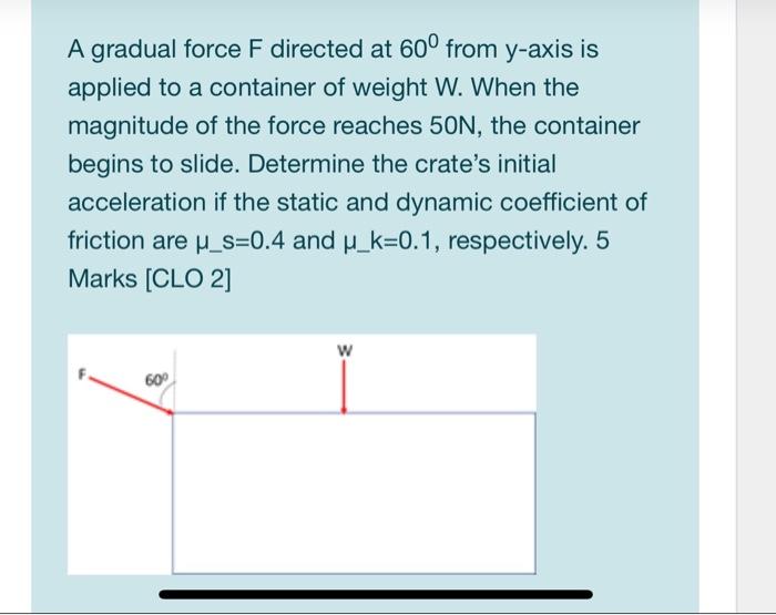 Solved A gradual force F directed at 60° from y-axis is | Chegg.com