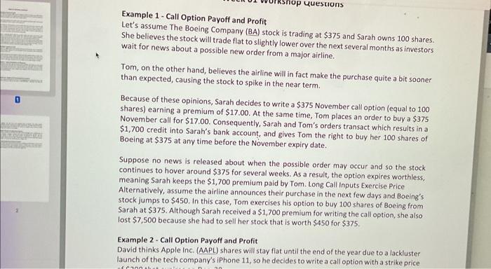 Example 1 - Call Option Payoff and Profit Let's | Chegg.com