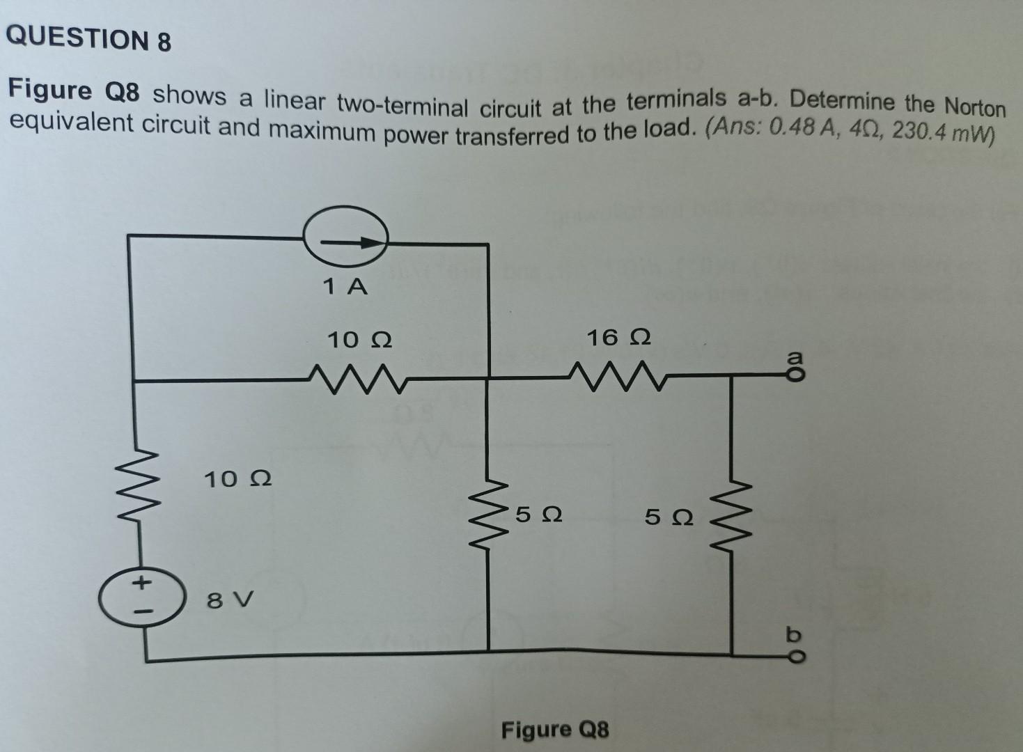 Solved Figure Q8 shows a linear twoterminal circuit at the