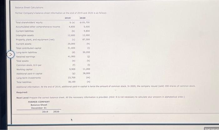 > Balance Sheet Calculations Fermer Company's Balance 