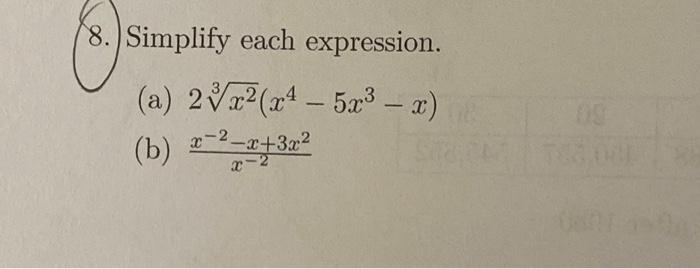 Solved (8.) 8. Simplify each expression. (a) 2√x²(x¹ - 5x³ - | Chegg.com