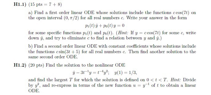 Solved H1.1) (15 pts = 7+ 8) a) Find a first order linear | Chegg.com