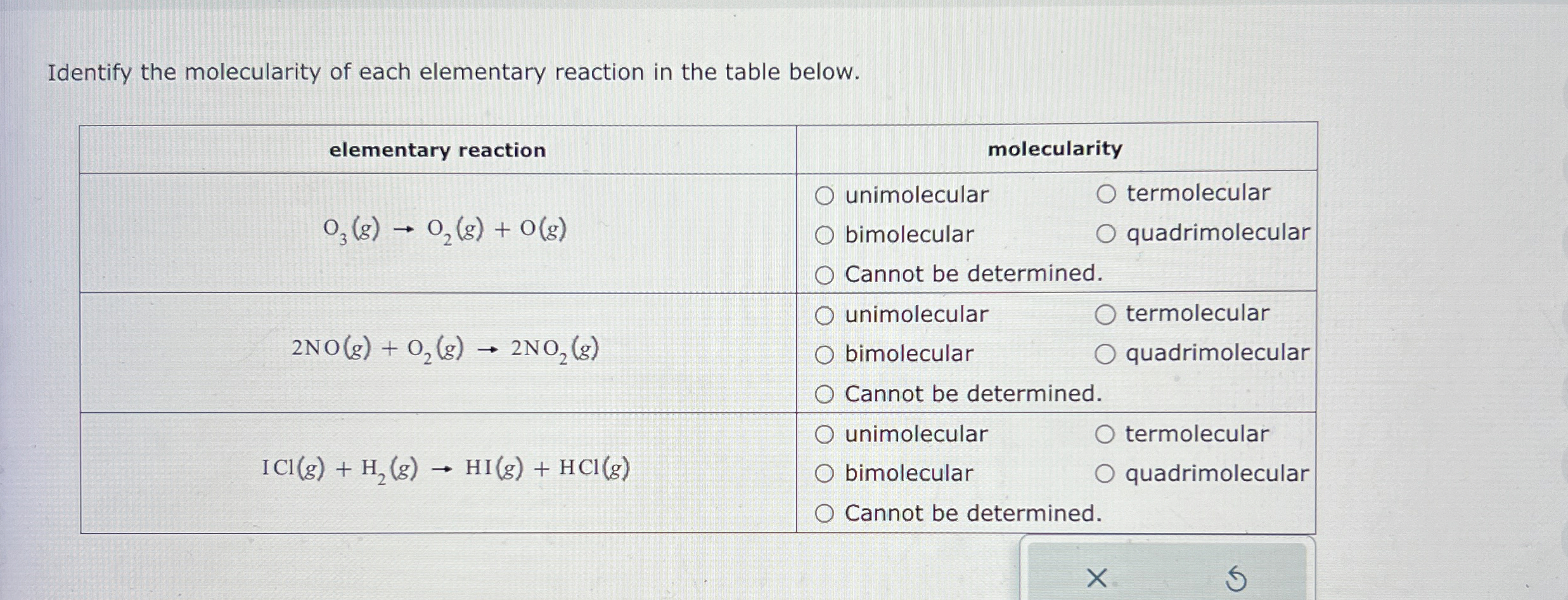 Solved Identify the molecularity of each elementary reaction | Chegg.com