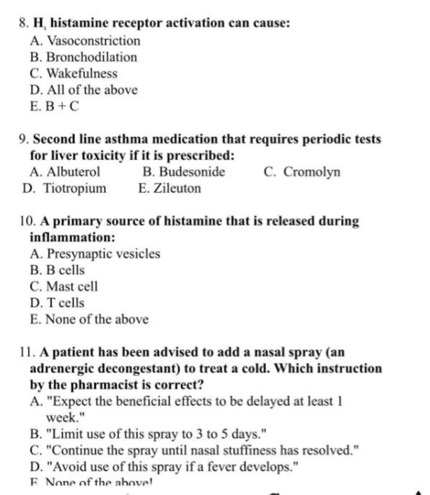 Solved 8. H histamine receptor activation can cause A.