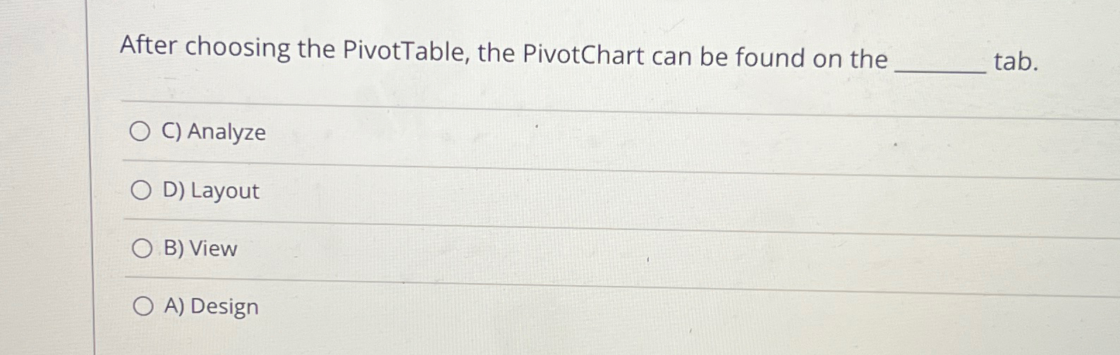 Solved After choosing the PivotTable, the PivotChart can be | Chegg.com