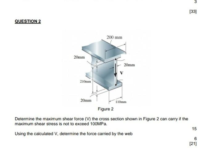 3
(33)
QUESTION 2
200 mm
20mm
20mm
210mm
20mm
110mm
Figure 2
Determine the maximum shear force (V) the cross section shown in