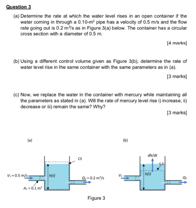 Question 3 (a) Determine the rate at which the water level rises in an open container if the water coming in through a 0.10-m