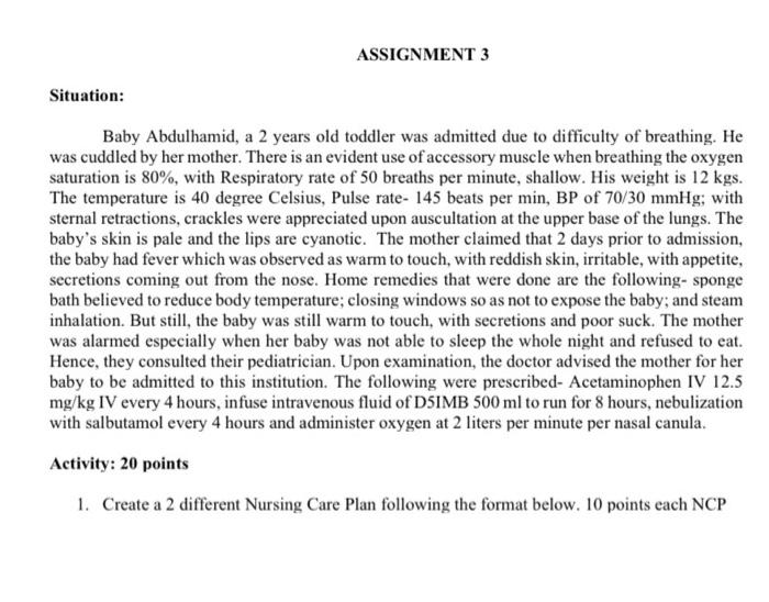 ASSIGNMENT 3 Situation: Baby Abdulhamid, a 2 years old toddler was admitted due to difficulty of breathing. He was cuddled by