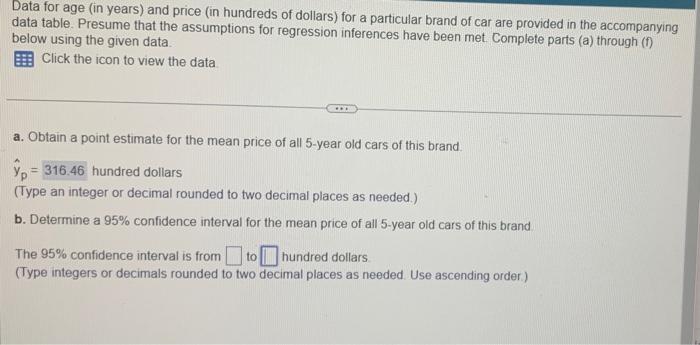 Solved Data for age (in years) and price (in hundreds of | Chegg.com