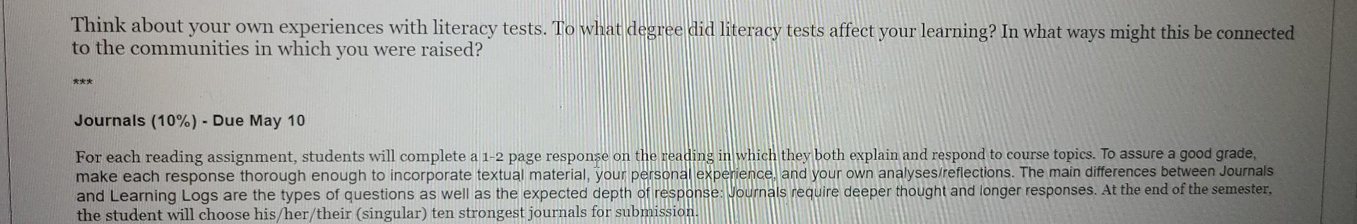 Solved Think about your own experiences with literacy tests. | Chegg.com