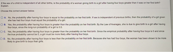 Solved If the sex of a child is independent of all other Chegg image pic