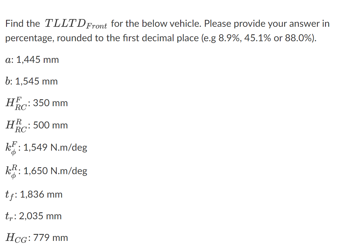 Tlltd Solved Find the TLLTDFront for the below vehicle. Please | Chegg.com